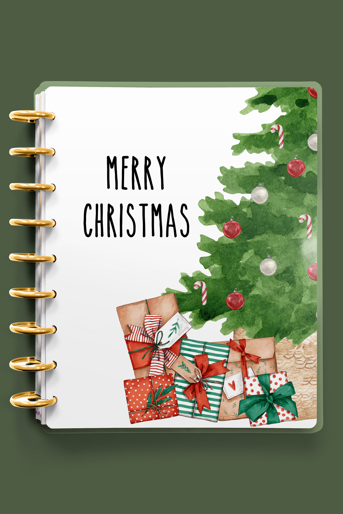 This image shows one of the designs you can get in this free Merry Christmas planner cover and inserts set. It has a Christmas tree with presents underneath of it.