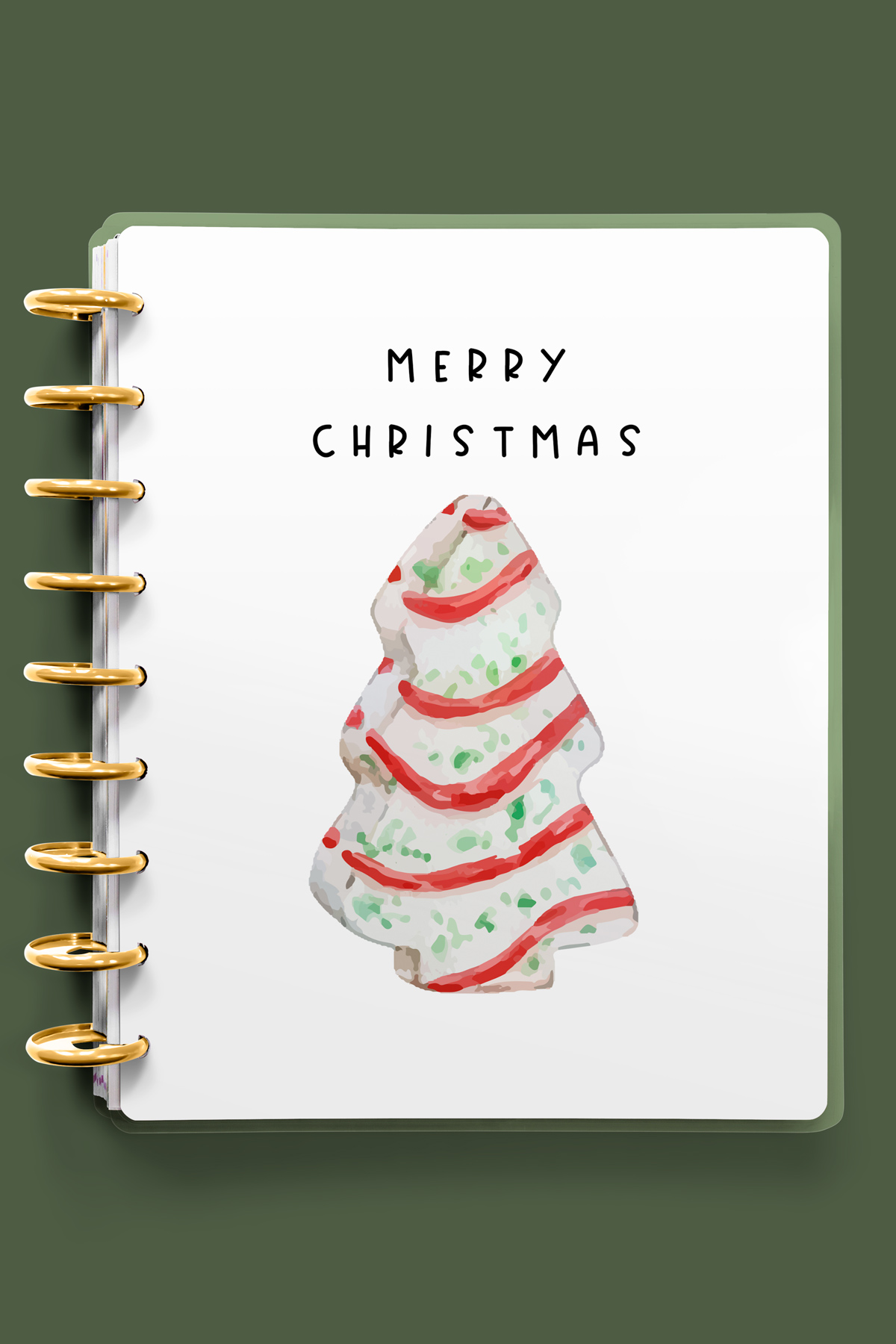 This image shows one of the designs you can get in this free Merry Christmas planner cover and inserts set. It has a Little Debbie Christmas snack cake on it.