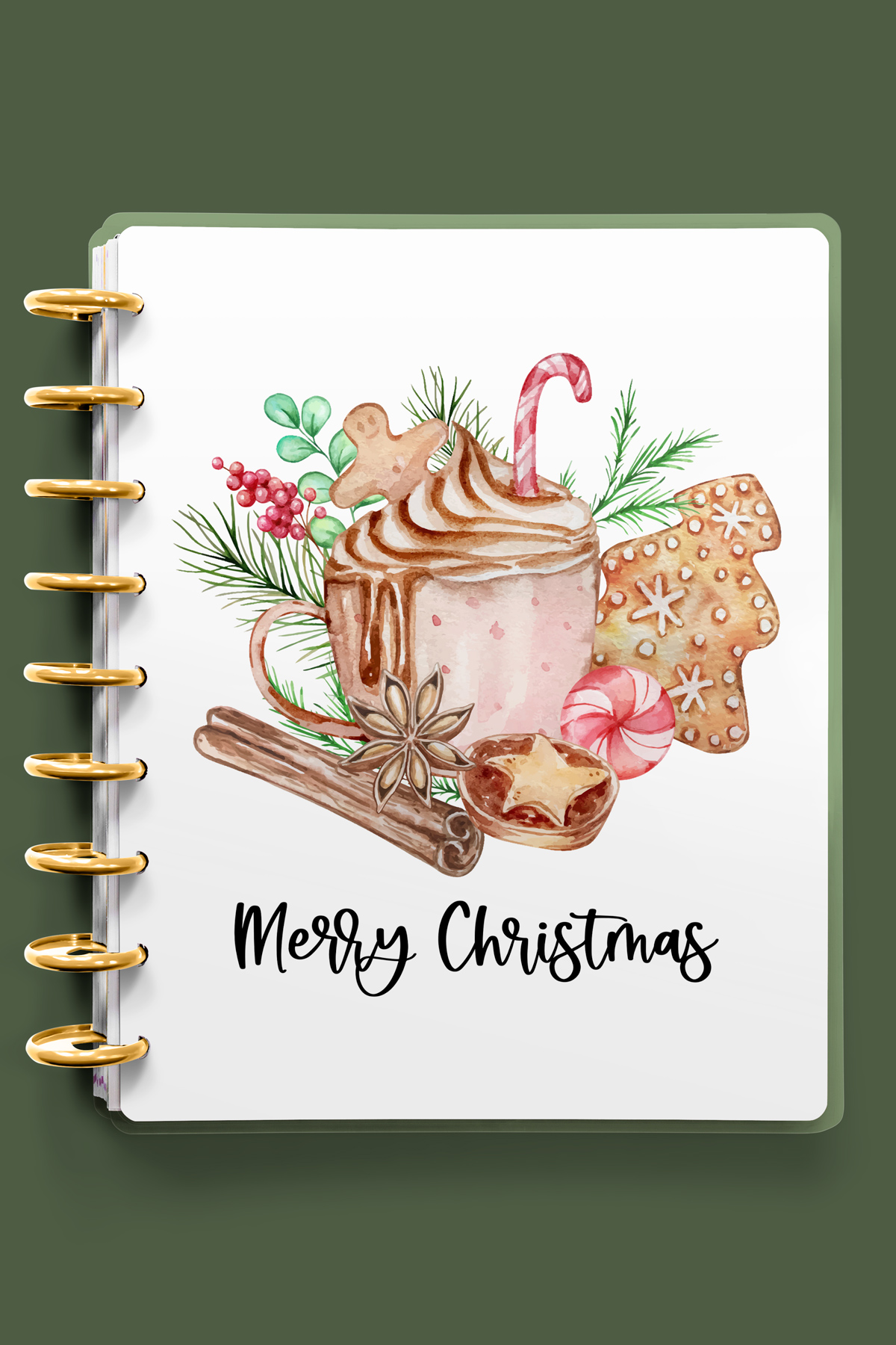 This image shows one of the designs you can get in this free Merry Christmas planner cover and inserts set. It has a mug of hot chocolate and Christmas treats with it.