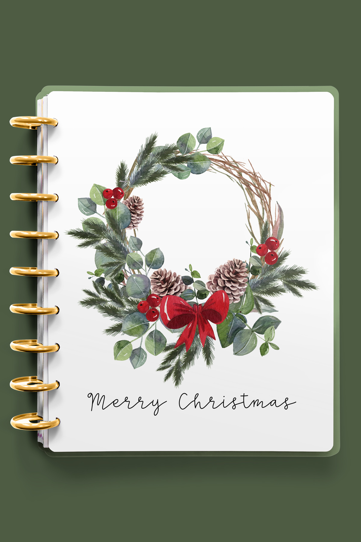 This image shows one of the designs you can get in this free Merry Christmas planner cover and inserts set. It has a Christmas wreath on it.