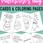 This image shows the 8 free printable coloring Valentine cards for kids. At the top, the image says 8 free printable Valentine’s Day cards & coloring pages.