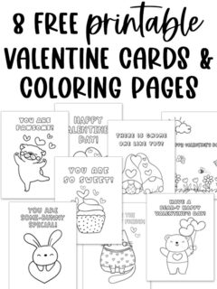 This image shows the 8 free printable coloring Valentine cards for kids. At the top, the image says 8 free printable Valentine Cards & coloring pages.