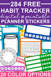 At the top the image says 284 Free Habit Tracker digital and printable planner stickers. Below that are some of the 284 habit tracker stickers you can get for free at the end of this blog post.