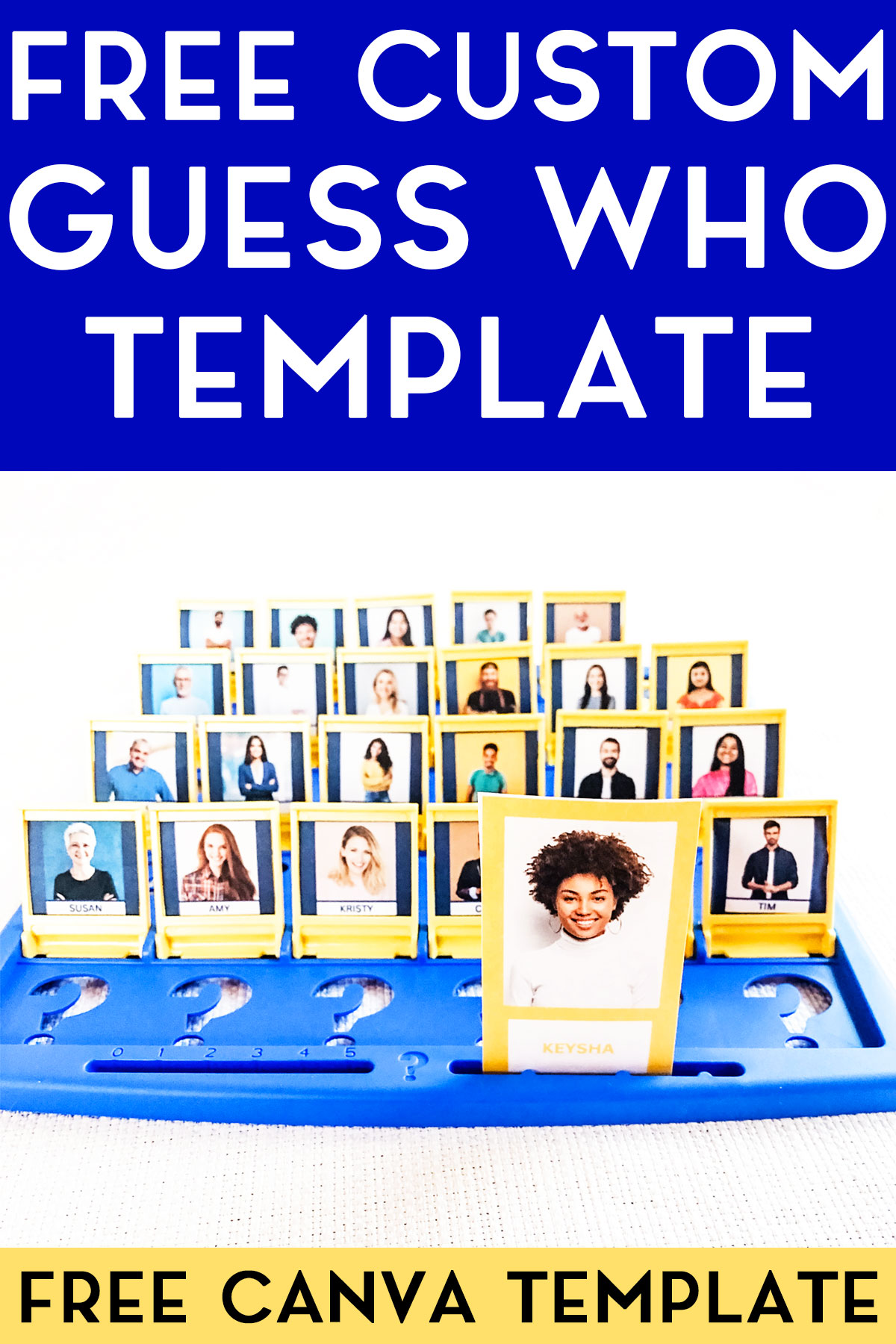 At the top it says free custom Guess Who template. Below that is an example of a game board with a personalized Guess Who Board Game template included. At the bottom it says Free Canva template.