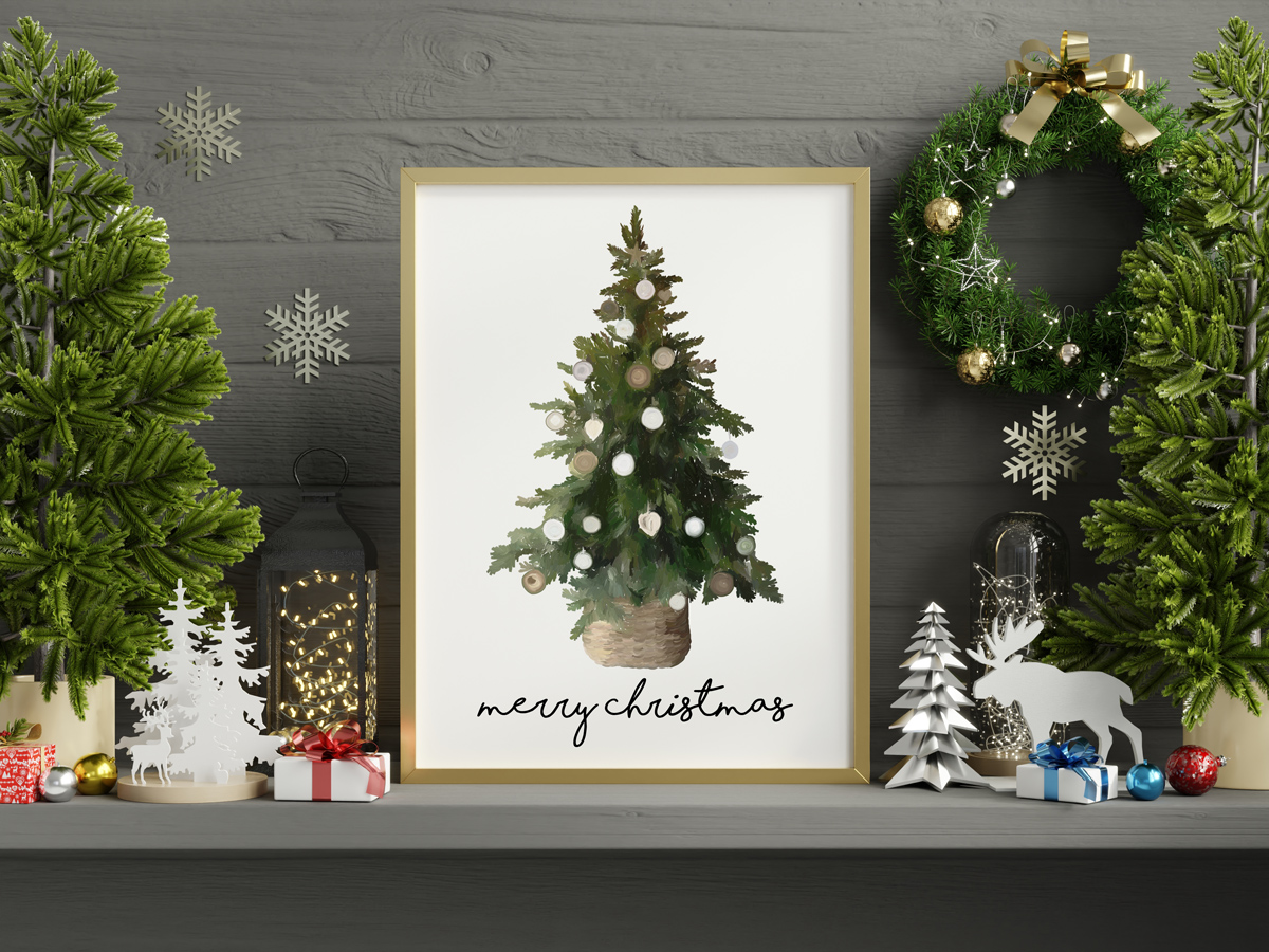 This image shows one of the designs you can get in this free Merry Christmas printable set of cards and prints. It says Merry Christmas on it and has a picture of a tree with ornaments on it.
