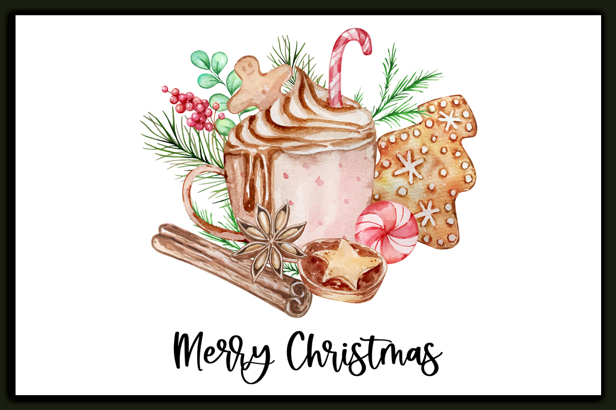 This image shows one of the designs you can get in this free Merry Christmas printable set of cards and prints. It says Merry Christmas on it and has a picture of hot chocolate and Christmas treats.