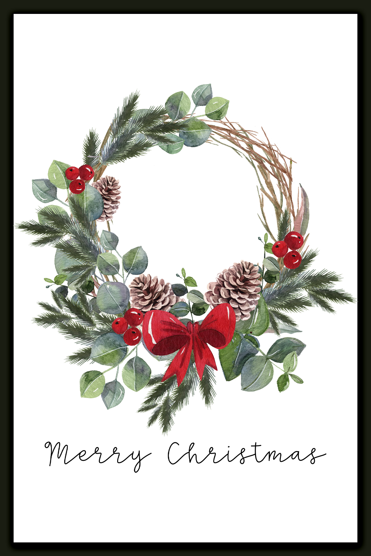 This image shows one of the designs you can get in this free Merry Christmas printable set of cards and prints. It says Merry Christmas on it and has a picture of a Christmas wreath.