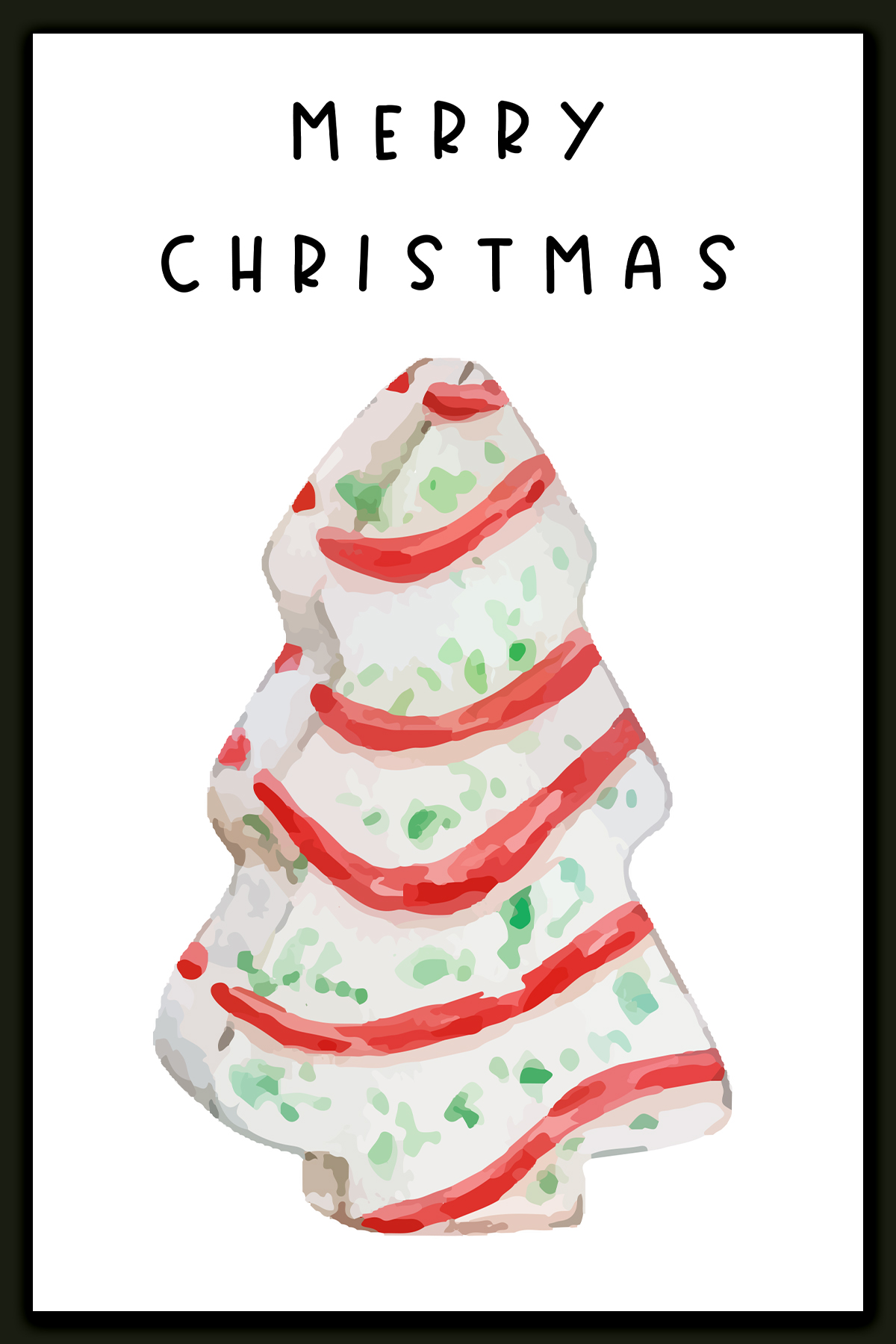 This image shows one of the designs you can get in this free Merry Christmas printable set of cards and prints. It says Merry Christmas on it and has a picture of a Little Debbie Christmas snack cake.