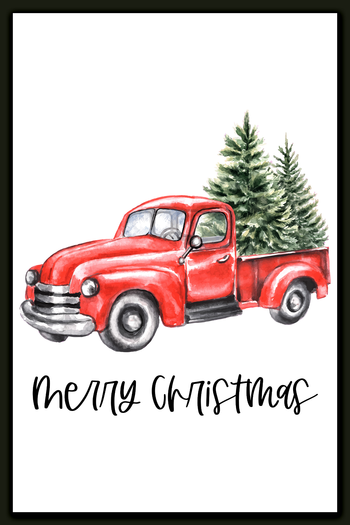 This image shows one of the designs you can get in this free Merry Christmas printable set of cards and prints. It says Merry Christmas on it and has a picture of a red Christmas truck with trees in the truck bed.