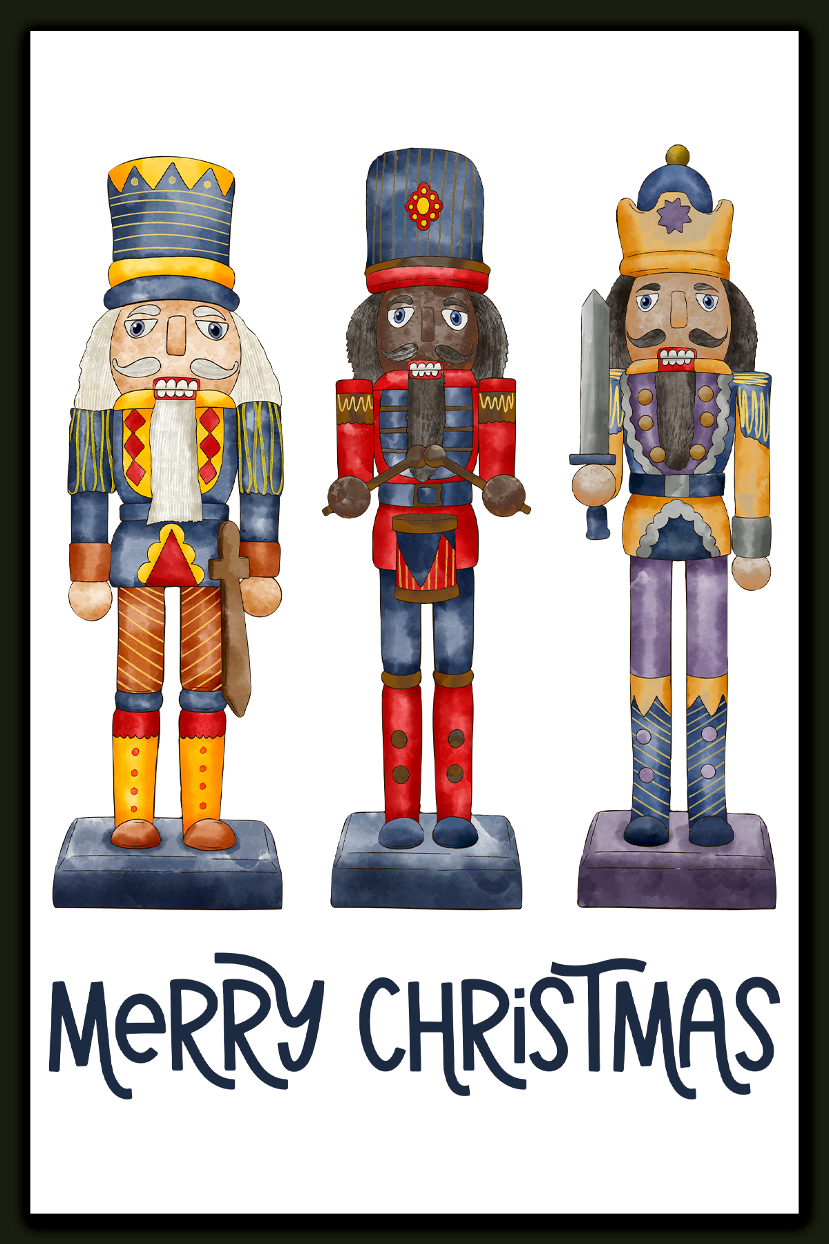 This image shows one of the designs you can get in this free Merry Christmas printable set of cards and prints. It says Merry Christmas on it and has a picture of 3 nutcrackers on it.