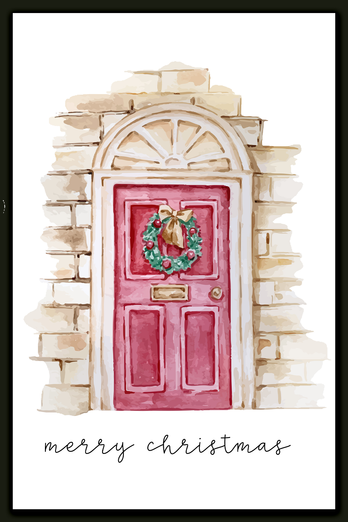 This image shows one of the designs you can get in this free Merry Christmas printable set of cards and prints. It says Merry Christmas on it and has a picture of a front door with a Christmas wreath on it.