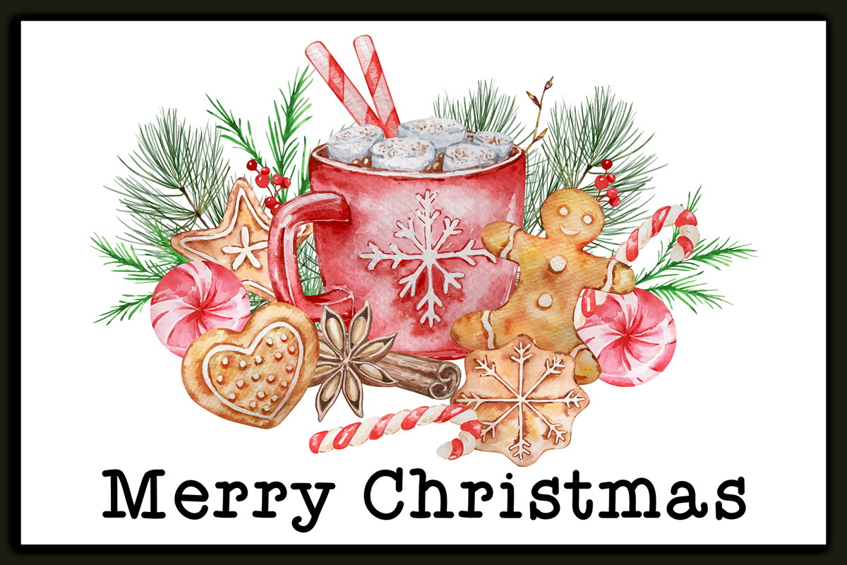 This image shows one of the designs you can get in this free Merry Christmas printable set of cards and prints. It says Merry Christmas on it and has a picture of hot chocolate and Christmas treats.