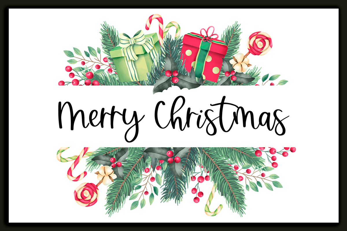This image shows one of the designs you can get in this free Merry Christmas printable set of cards and prints. It says Merry Christmas on it and has a picture of presents and Christmas florals.