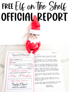 At the top it says free elf on the shelf official report. Below that is an image showing an example of the official elf report printable that you can get for free at the end of this blog post.