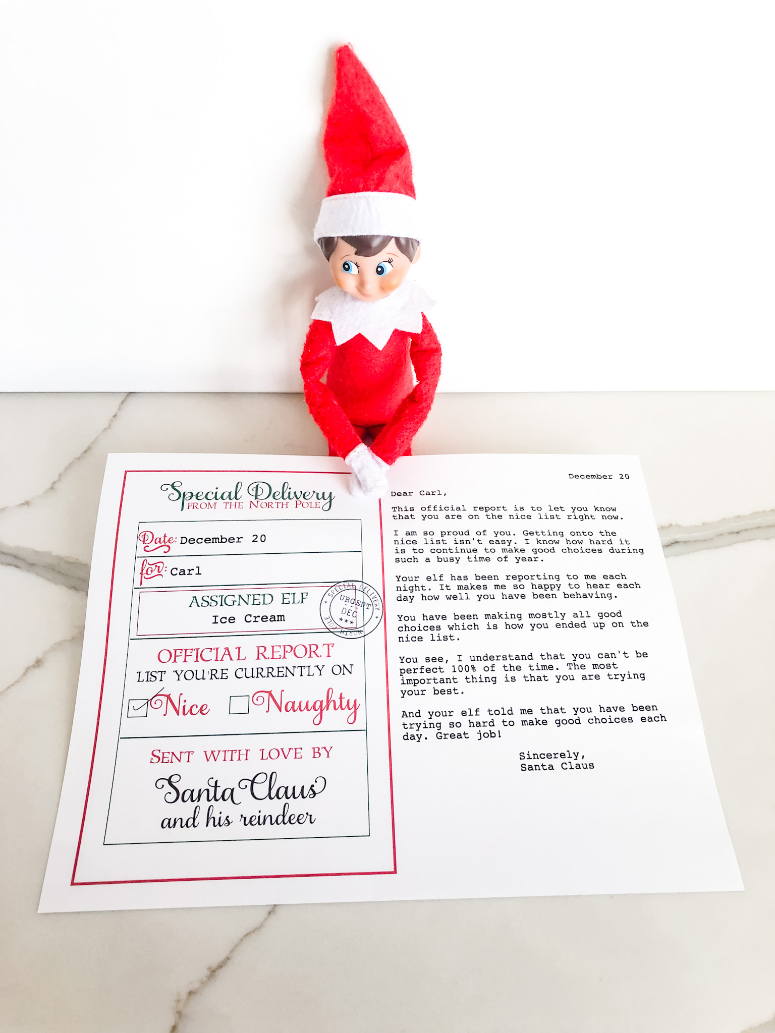 This image is showing an example of the official elf report printable that you can get for free at the end of this blog post.