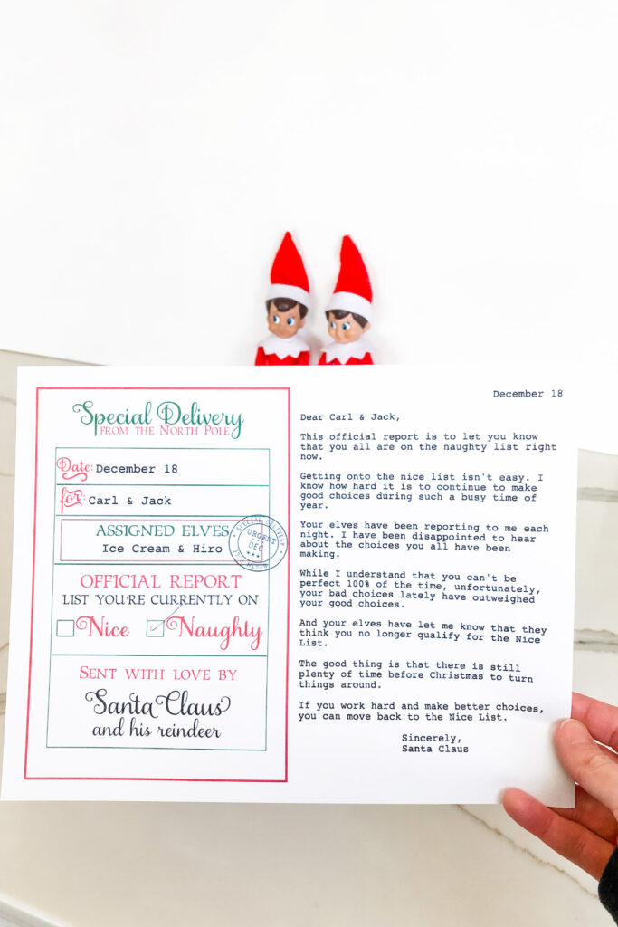 This image is showing an example of the official elf report printable that you can get for free at the end of this blog post.