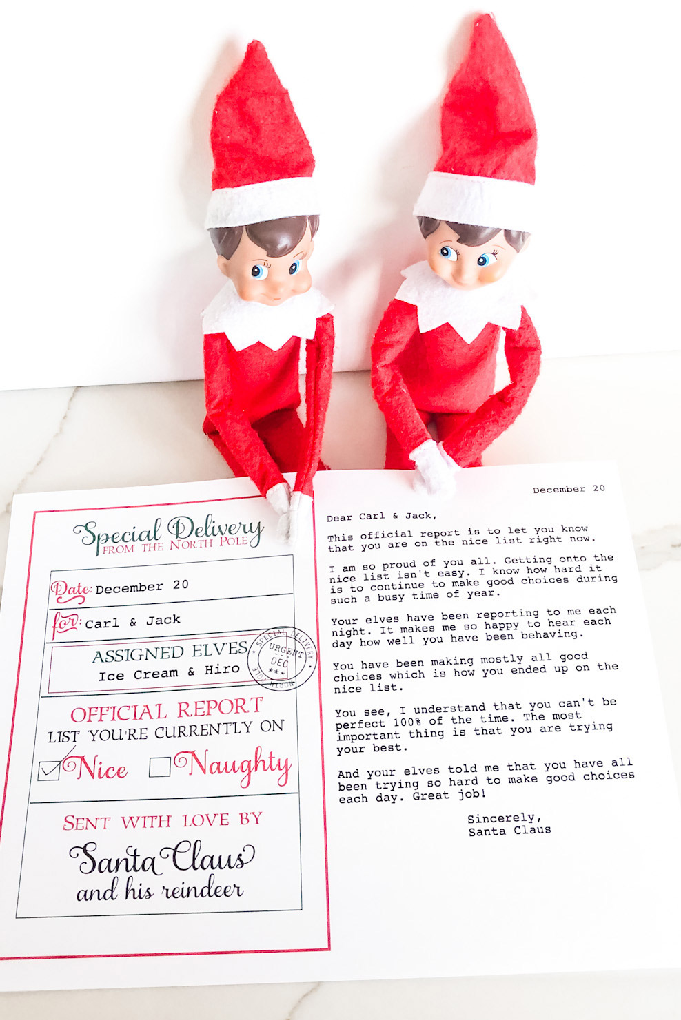 This image is showing an example of the official elf report printable that you can get for free at the end of this blog post.