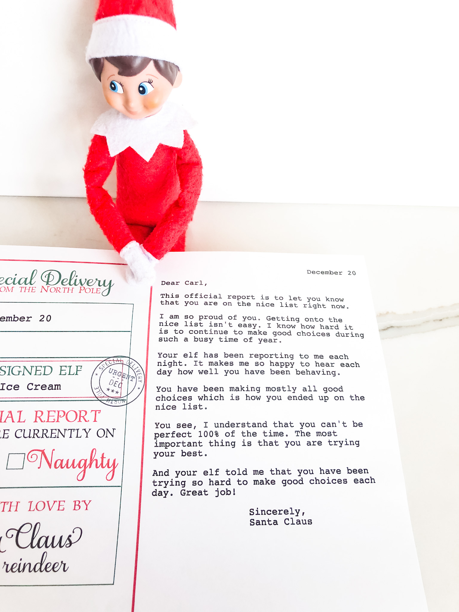 This image is showing an example of the official elf report printable that you can get for free at the end of this blog post.