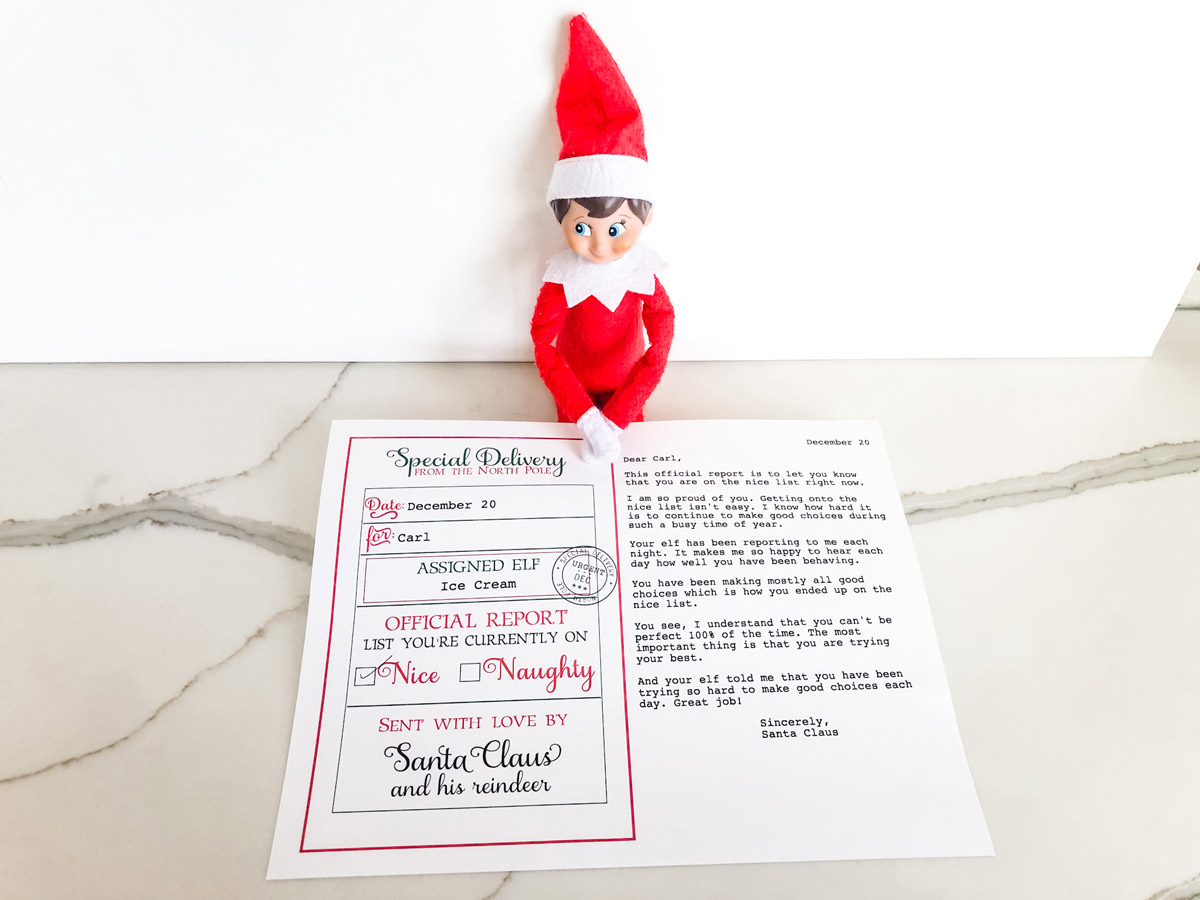 This image is showing an example of the official elf report printable that you can get for free at the end of this blog post.