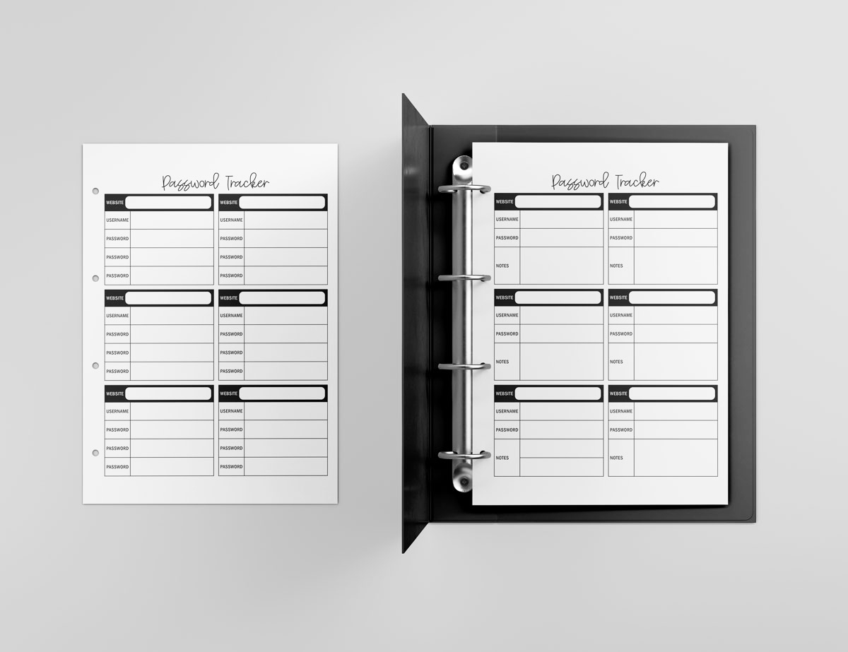 This image shows the password tracker printable pages you can get for free at the end of this blog post. It has one inside of a binder and the other sitting next to it out of the binder.