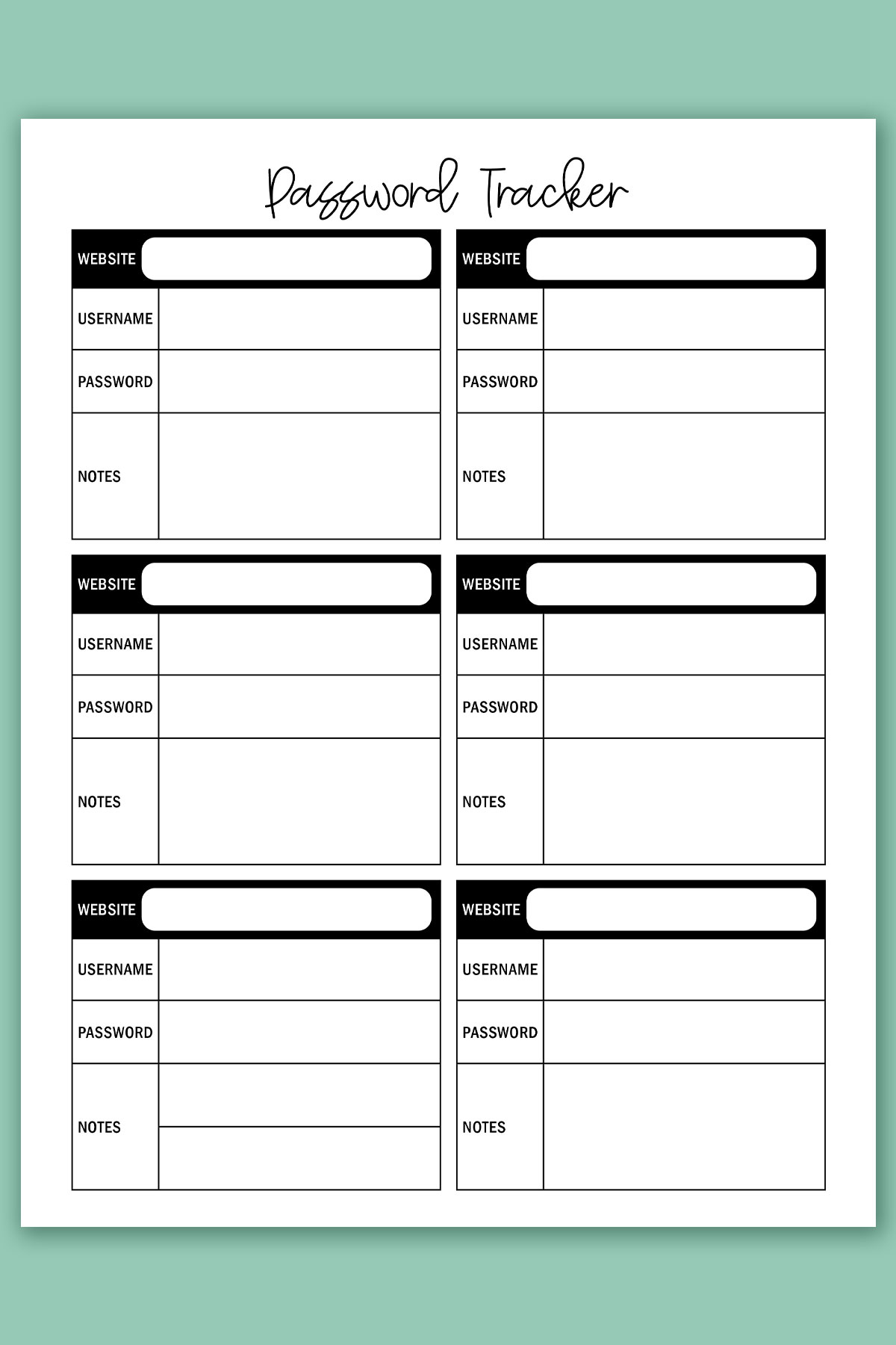 This image shows one of the password tracker printable pages you can get for free at the end of this blog post.