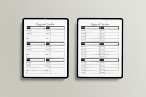 This image shows the two password tracker printable pages you can get for free at the end of this blog post. In this image it shows the digital planning files version being used on tablets.