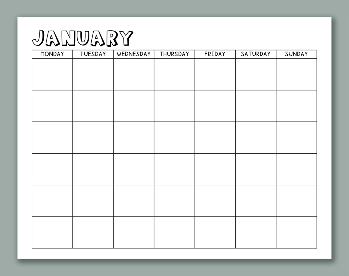 This image shows one of the months from the printable calendar for kids. This one is January without clip art.