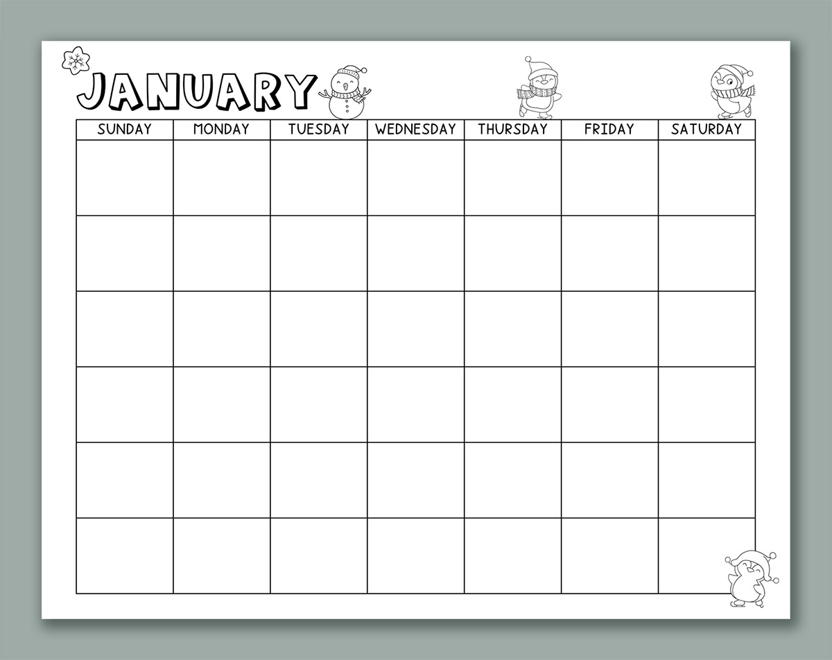 This image shows one of the months from the printable calendar for kids. This one is January with clip art.