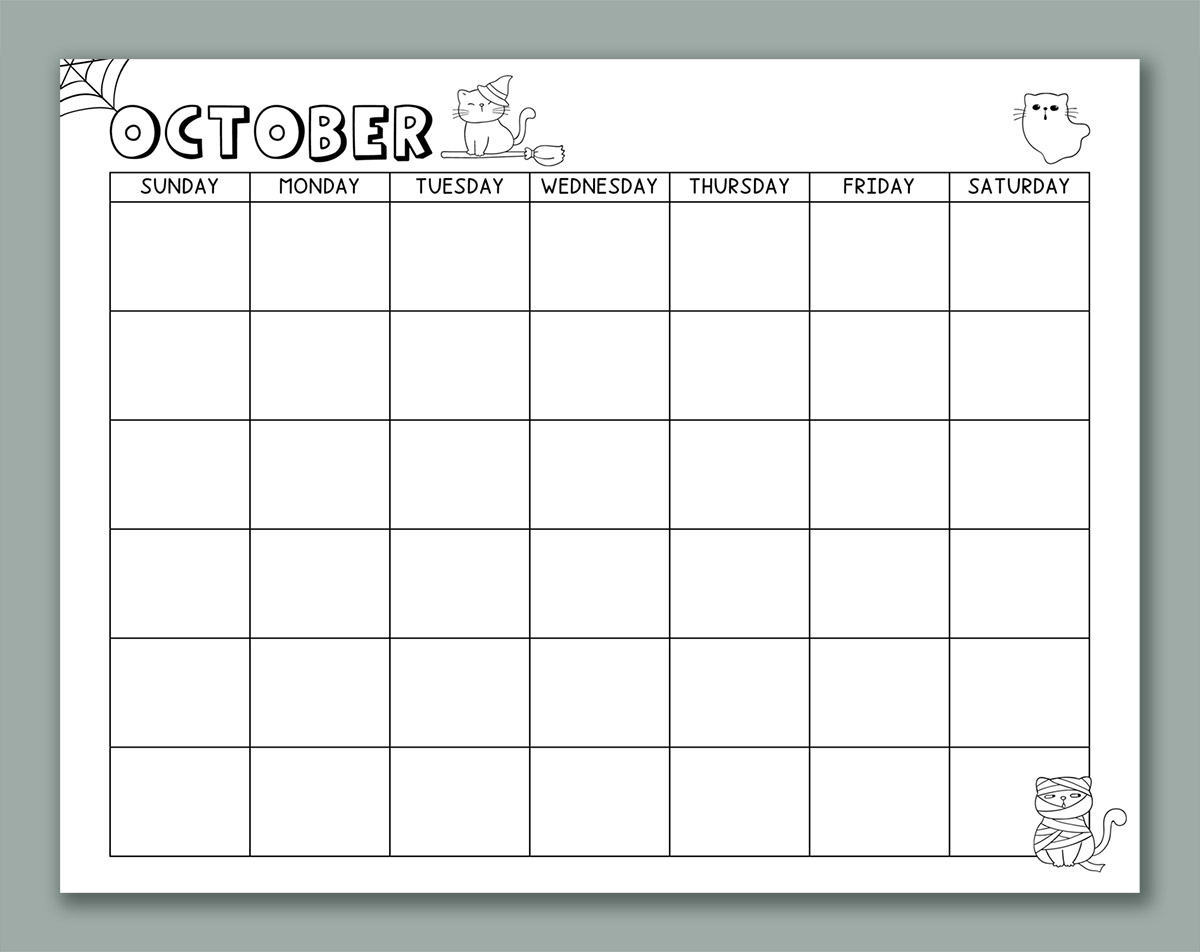 This image shows one of the months from the printable calendar for kids. This one is October with clip art.