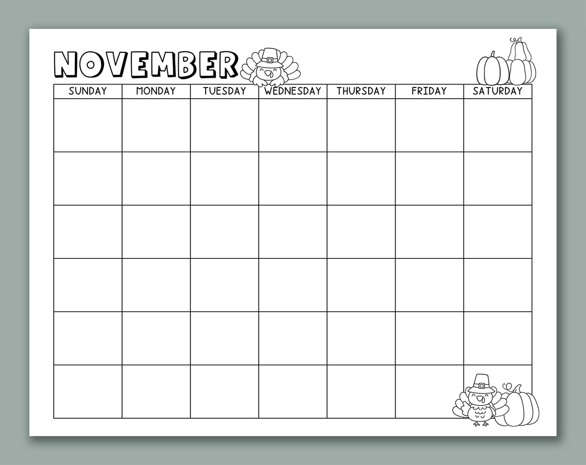 This image shows one of the months from the printable calendar for kids. This one is November with clip art.
