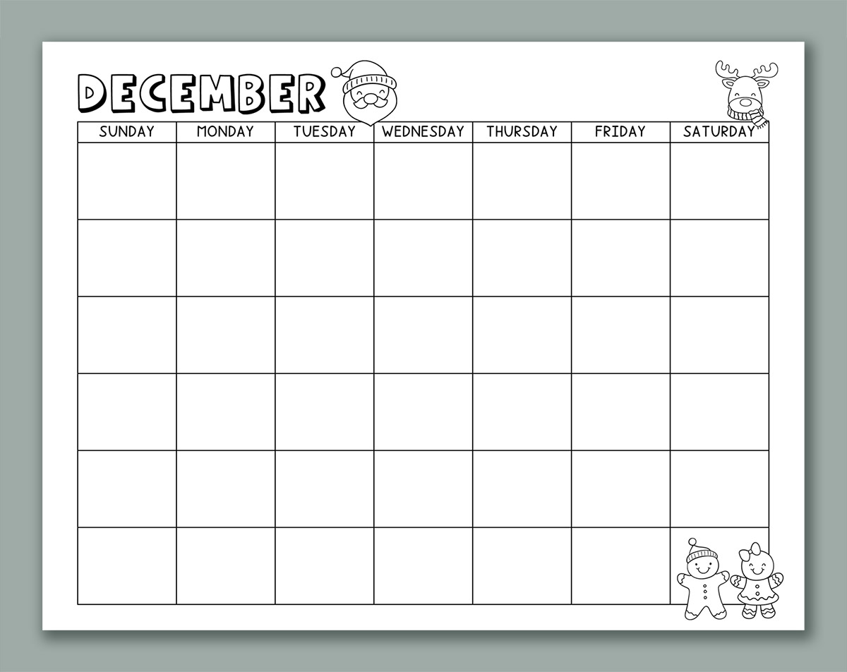 This image shows one of the months from the printable calendar for kids. This one is December with clip art.