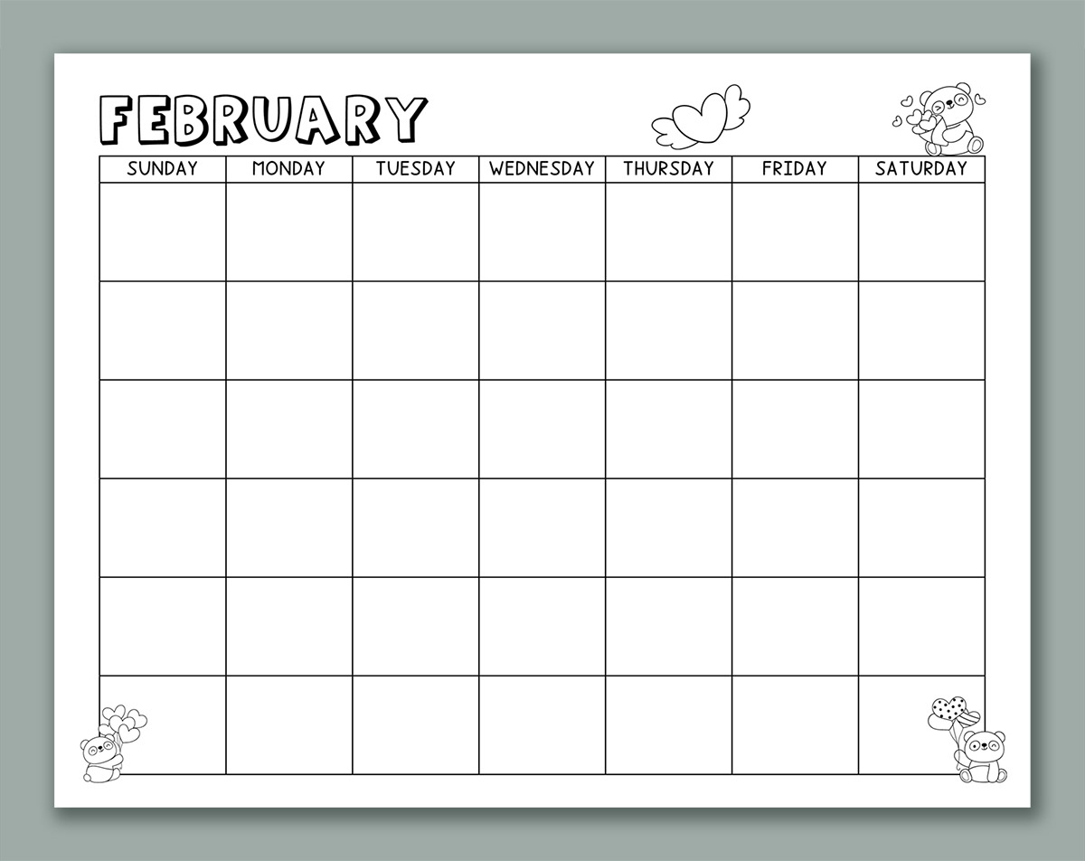 This image shows one of the months from the printable calendar for kids. This one is February with clip art.