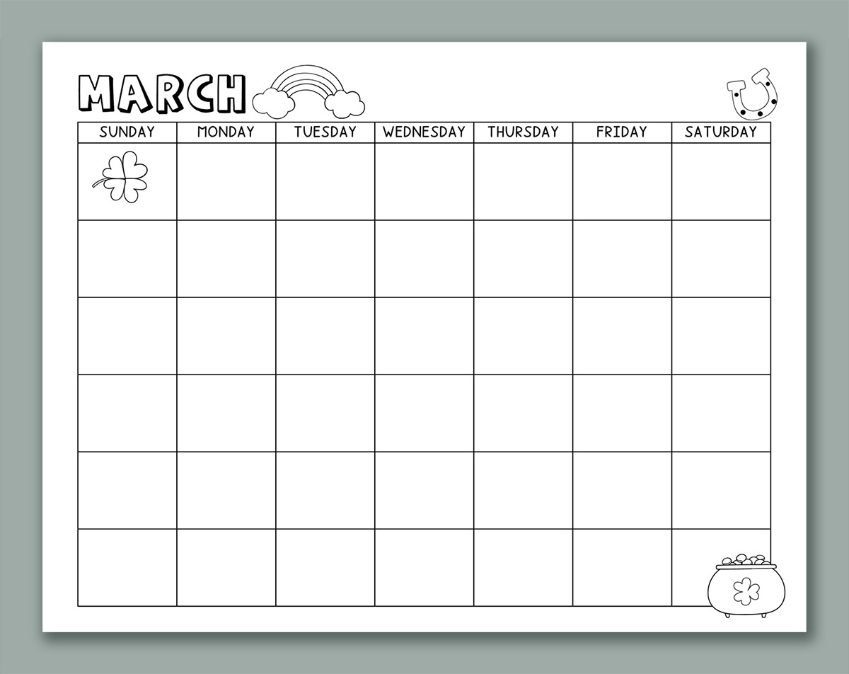 This image shows one of the months from the printable calendar for kids. This one is March with clip art.