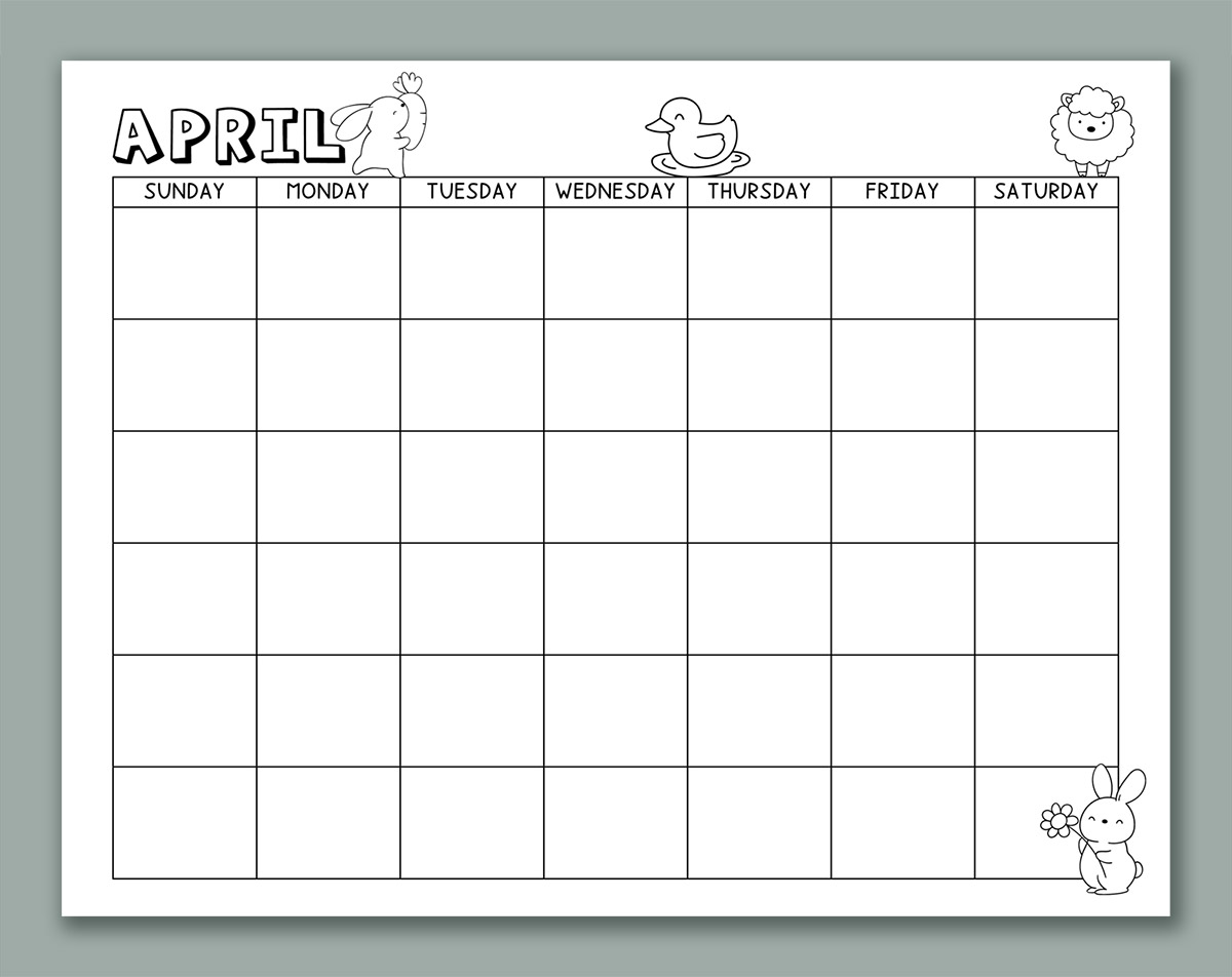 This image shows one of the months from the printable calendar for kids. This one is April with clip art.