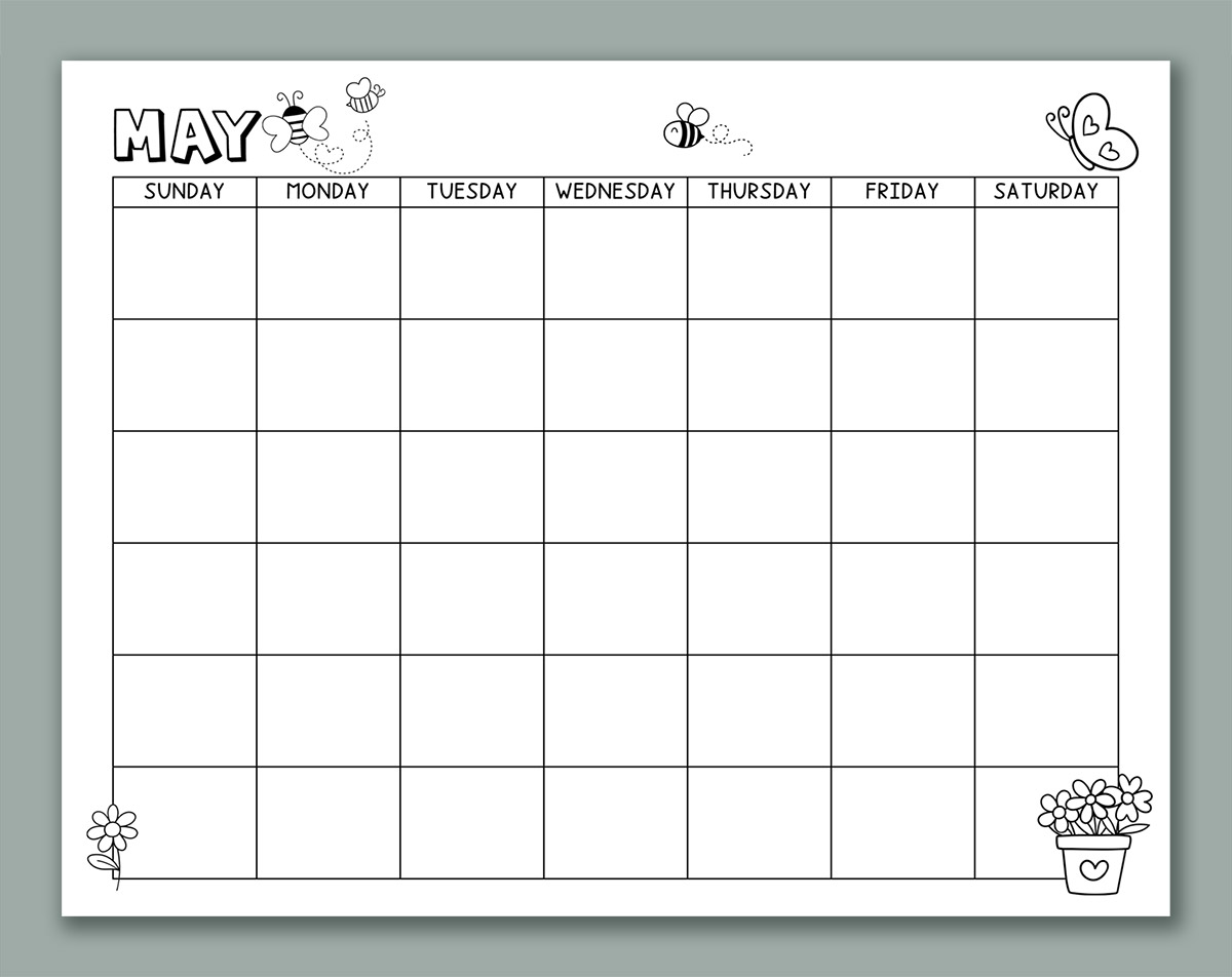 This image shows one of the months from the printable calendar for kids. This one is May with clip art.