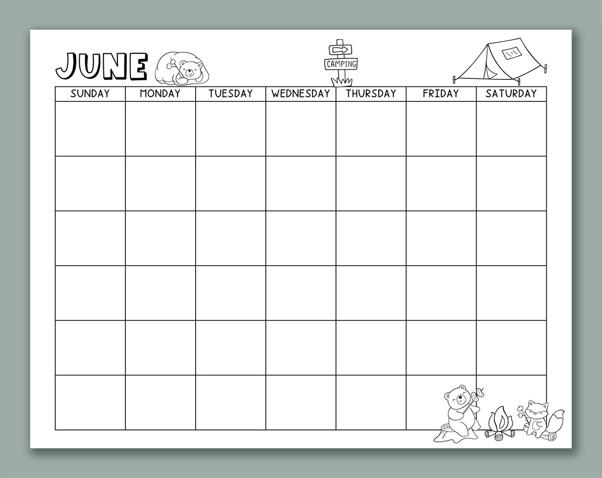 This image shows one of the months from the printable calendar for kids. This one is June with clip art.