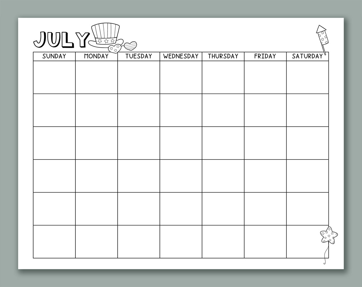 This image shows one of the months from the printable calendar for kids. This one is July with clip art.