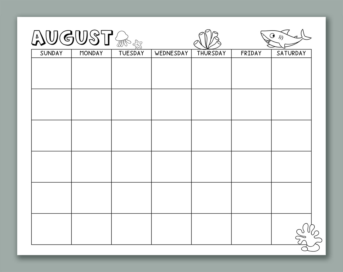 This image shows one of the months from the printable calendar for kids. This one is August with clip art.