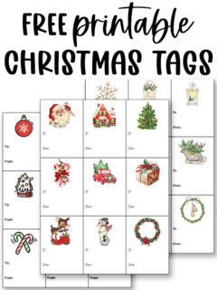At the top it says free printable Christmas tags. Below that, it shows the 3 sheets of printable Christmas labels for gifts you can get for free at the end of this blog post.