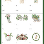 This image is showing the sheet of watercolor farmhouse Christmas tags you can get as part of the free printable Christmas labels for gifts set.