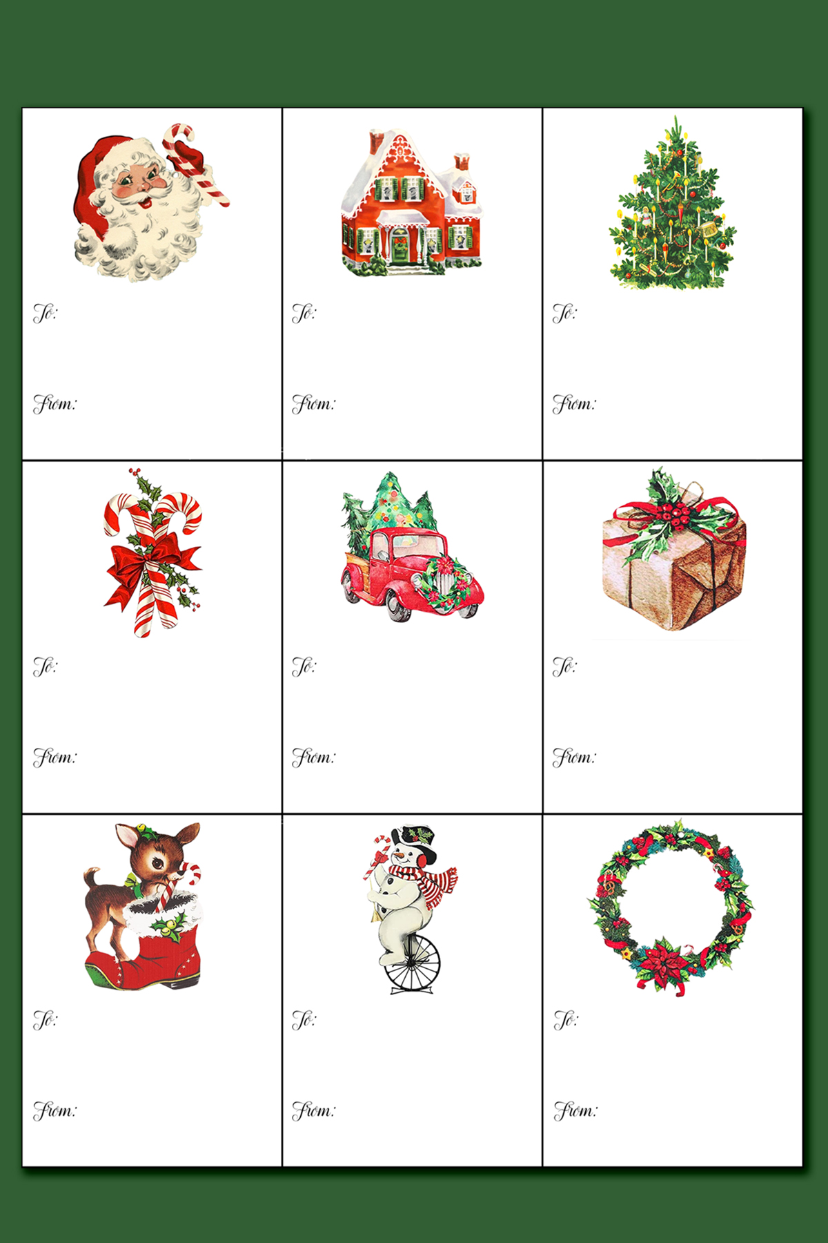 This image is showing the sheet of vintage Christmas tags you can get as part of the free printable Christmas labels for gifts set.