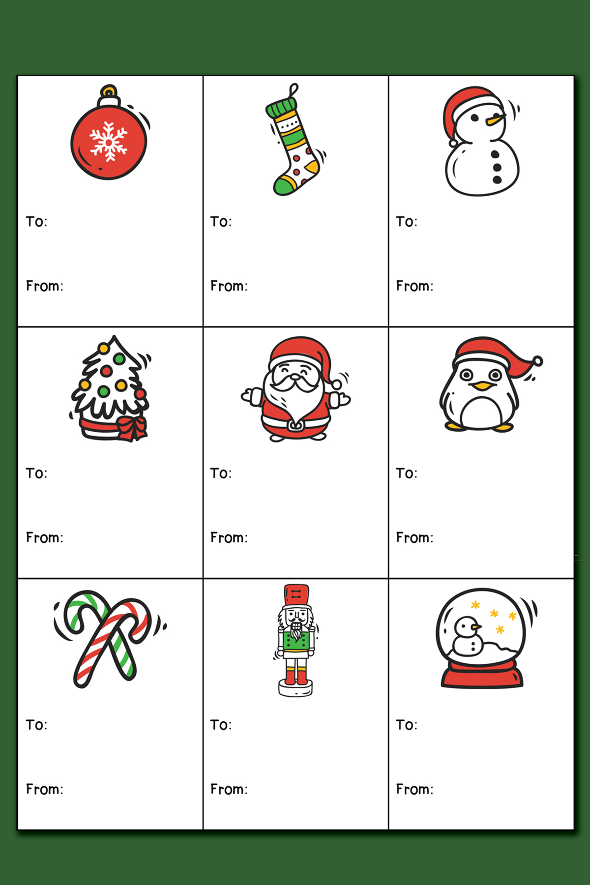 This image is showing the sheet of kid friendly Christmas tags you can get as part of the free printable Christmas labels for gifts set.