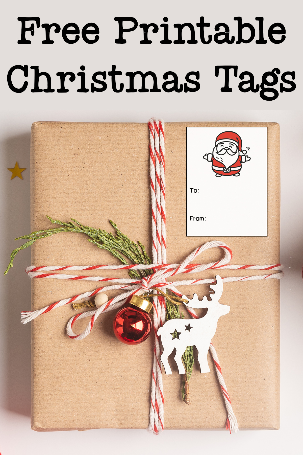 At then top it says free printable Christmas tags. Below that, the image shows 1 of the 18 free gift tags you can get for free as part of the printable Christmas labels for gifts set.