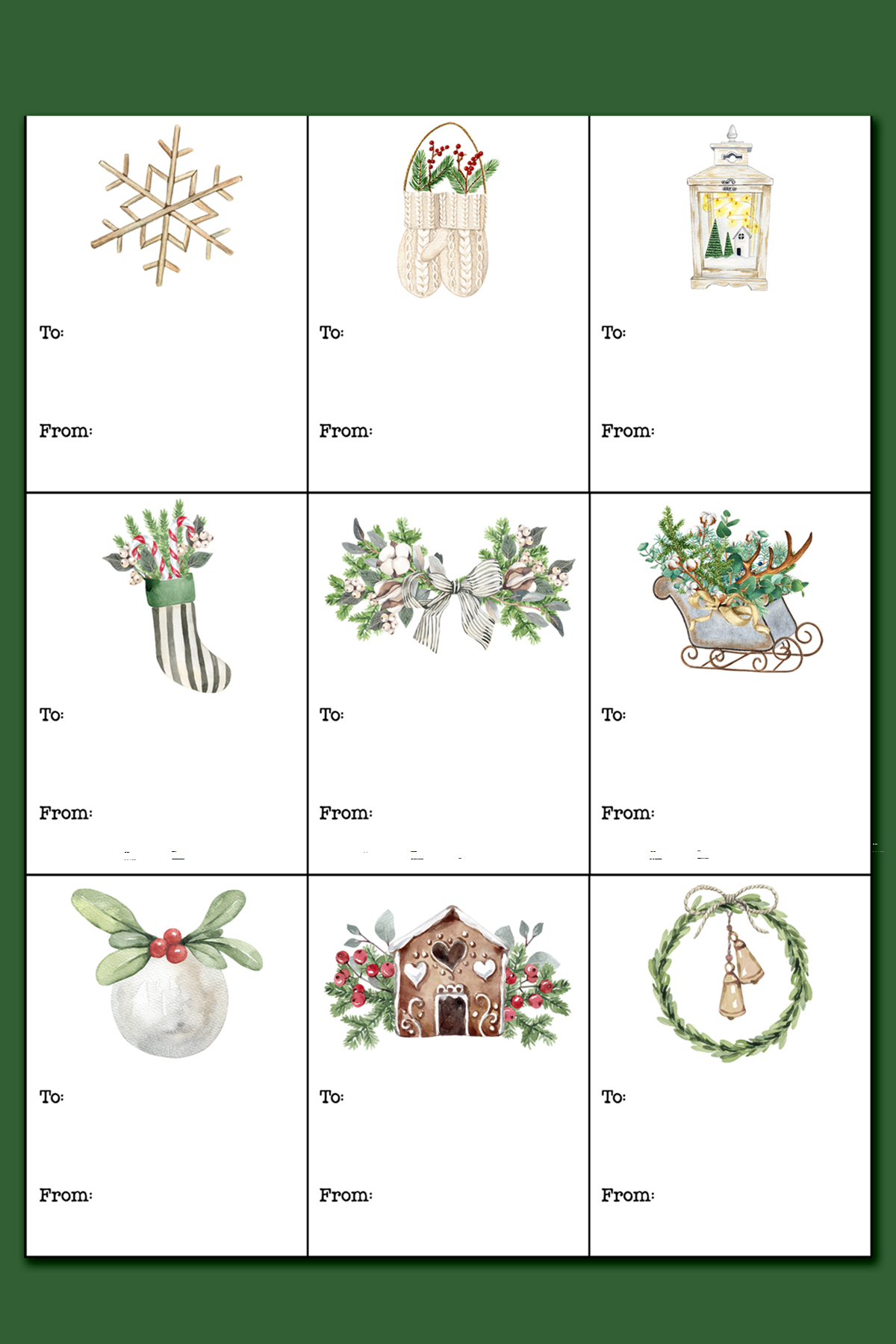 This image is showing the sheet of watercolor farmhouse Christmas tags you can get as part of the free printable Christmas labels for gifts set.