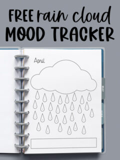 At the top it says free rain cloud mood tracker. Below that, the image shows the printable mood tracker you can get for free at the end of this blog post.