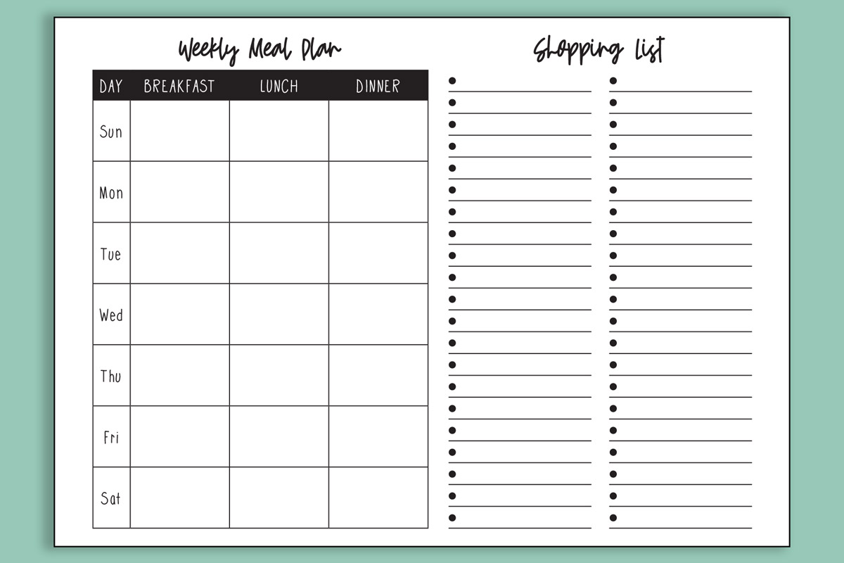 This image shows the printable weekly meal planner with grocery list you can get for free at the end of this blog post. It is the landscape version.