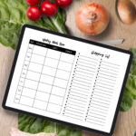 This image shows the printable weekly meal planner with grocery list you can get for free at the end of this blog post. It is the landscape version on a tablet.