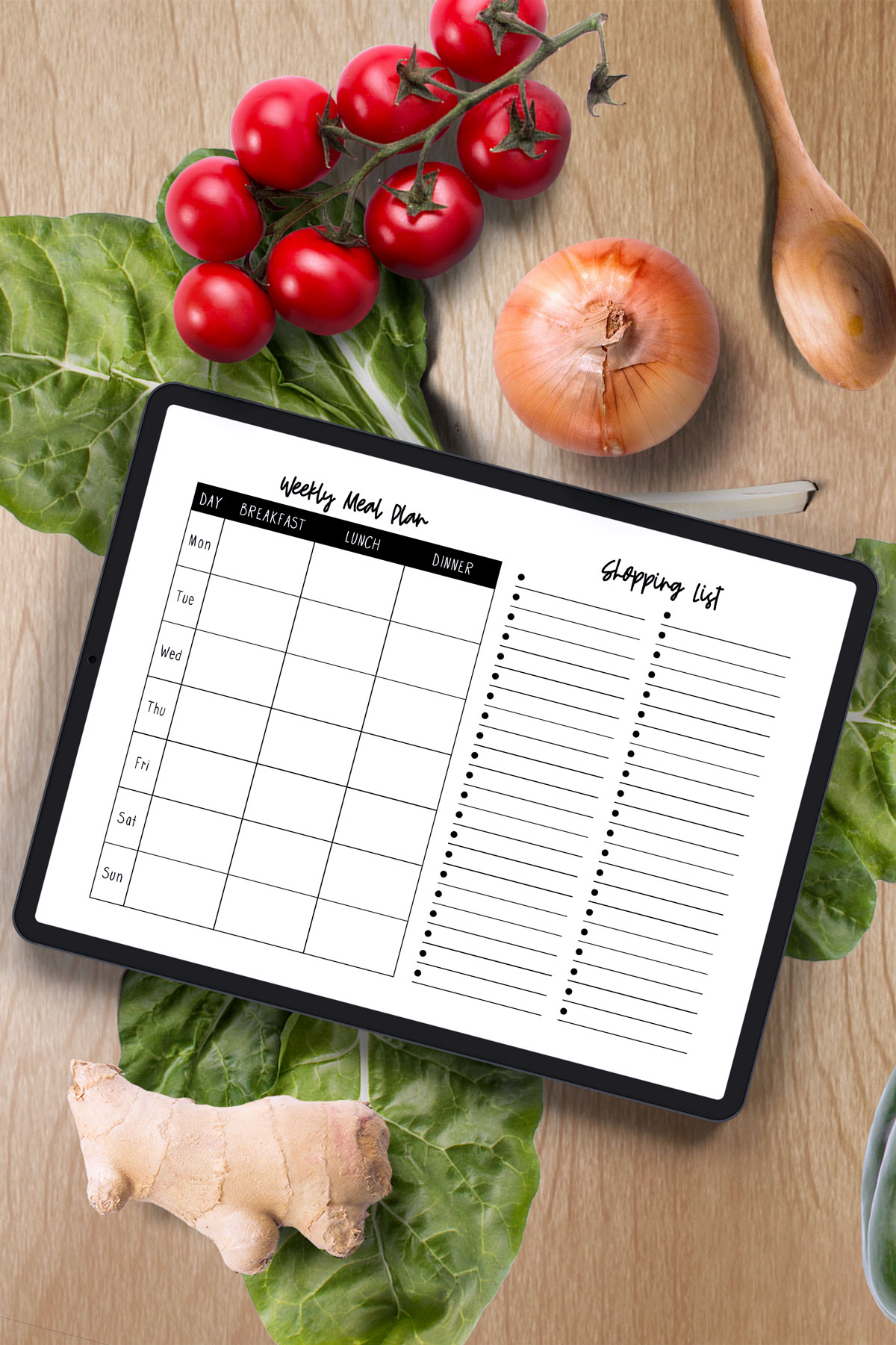 This image shows the printable weekly meal planner with grocery list you can get for free at the end of this blog post. It is the landscape version on a tablet.