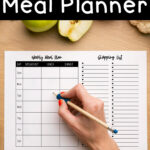 At the top it says free weekly meal planner. At the bottom it says printable & digital. In the middle it has an image that shows the printable weekly meal planner with grocery list you can get for free at the end of this blog post. It is the landscape version.