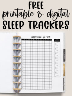At the top it says free printable & digital sleep trackers. Below that is an image that shows the yearly version of the sleep tracker printable.